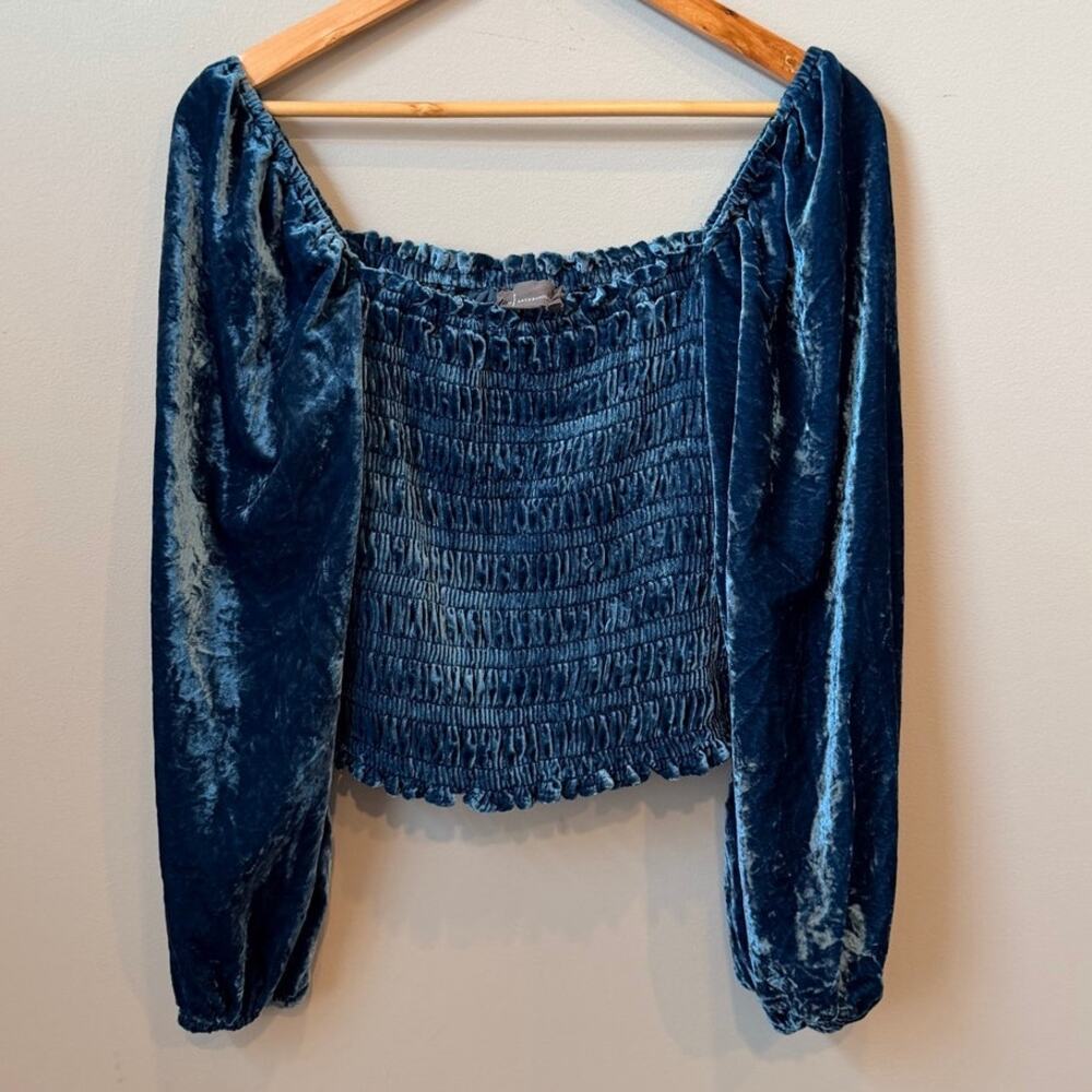 By Anthropologie Teal Blue Crushed Velvet Smocked Puff Sleeve Top Small
